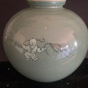 Korean Celadon Vase sage green vase Chinese / Korean boy flower & fauna H 9" W8"